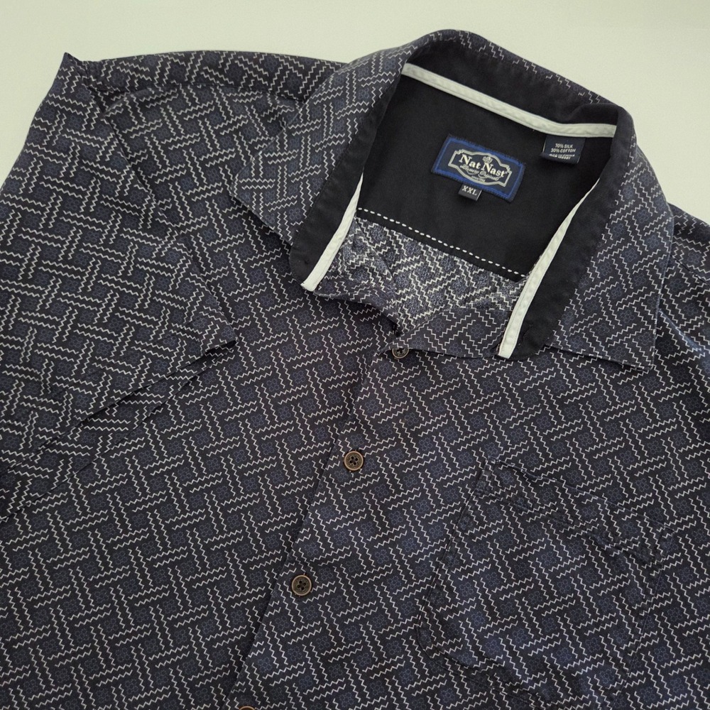 Nat Nast Button Up Shirt Navy‎ Blue Silk Cotton Geometric Pattern Mens XXL